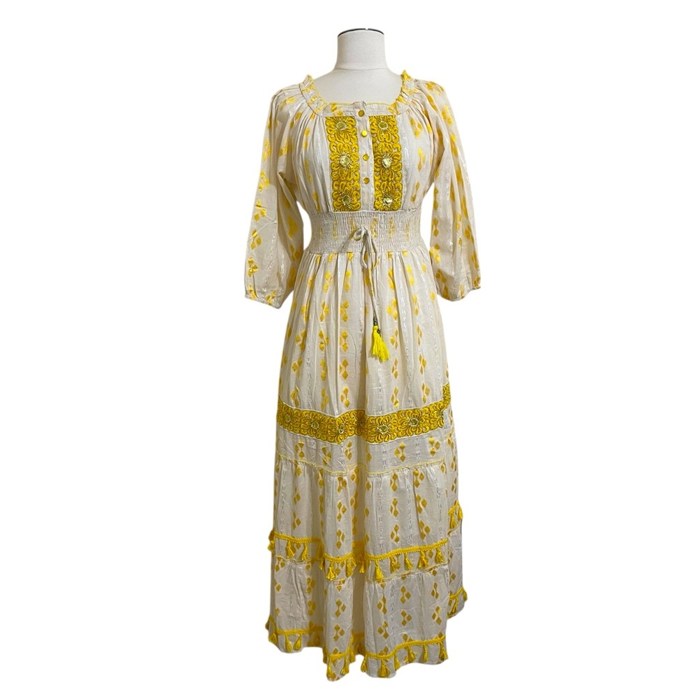 New ANTHRO ME 2 MAGIC White Yellow Cotton Embroidery Boho Festival Maxi Dress
